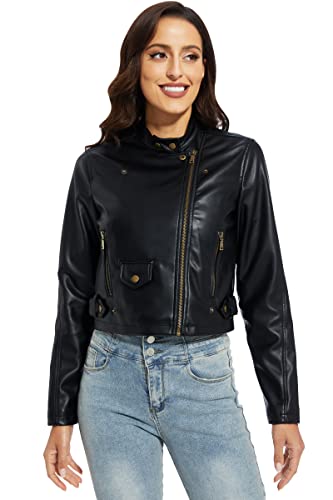 Fahsyee Women's Faux Leather Jackets, Zip Up Motorcycle Short PU Moto Biker Outwear Fitted Slim Coat3