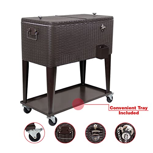 80 Quart Rolling Patio Cooler Ice Chest Beverage Cart, Party Drink Beverage Bar with Wheels with Shelf & Bottle Opener, Portable Outdoor Backyard Patio Deck Ice Tub Trolley - Image 5