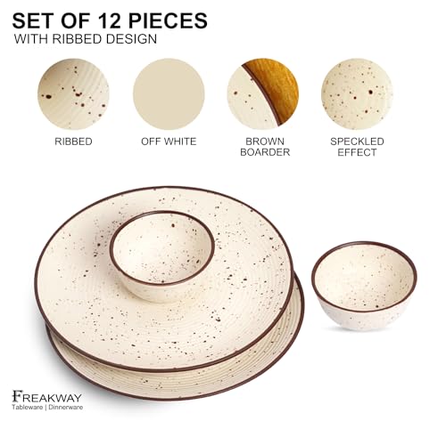 Image of Freakway Handcrafted Ceramic Stoneware Dinner Set of 12 Pieces with Serving Bowls | 6 Dinner Plates & 6 Bowl /katori | Bone Ash Free | Microwave and Dishwasher Safe - Off White