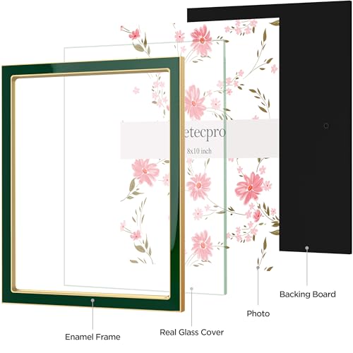 Image of eletecpro 8x10 Enamel Picture Frame with Real Glass Cover, Cute Photo Frame with Gold Metal Edge, Horizontal and Vertical Display Pictures 8 by 10 for Tabletop and Wall Decor, Green, 1 Pack