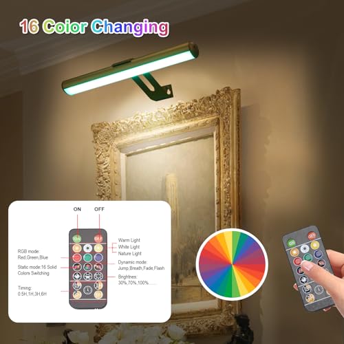 Image of Picture Light, Battery Operated Picture Light with Remote, Rechargeable Picture Frame Light, 32 LED, 16 Color Changing, Art Light for Paintings for Display, Picture-Gold