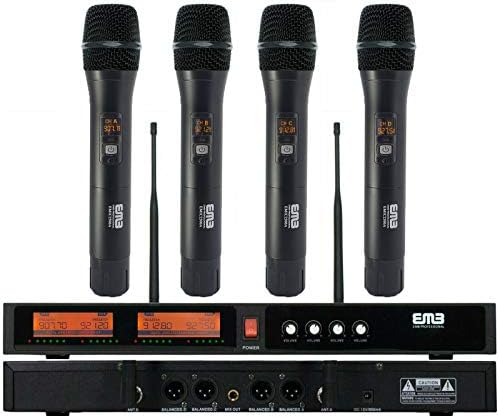 EMB EMIC2500 Wireless Microphone System 4-Channel UHF Cordless Mic Set with Four Handheld Mics, All Metal Build, Fixed Frequency, Long Range 260ft, Ideal for Church, Karaoke, Weddings, Events