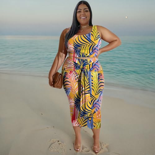 Image of Plus Size Women 2 Piece Outfits Sets Sexy Tracksuit Midi Dress,Sleeveless Tank Top Bodycon Skirts Set Casual Summer