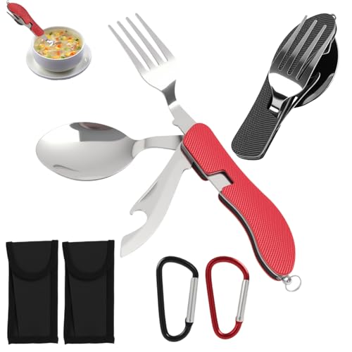 2 Pcs Couverts de Camping Pliables 4 en 1, Ensemble de Couteau Suisse, Fourchette, Cuillère et Décapsuleur en Acier Inoxydable, Couverts Pliants Pratiques pour le Camping et les Activités de Plein Air