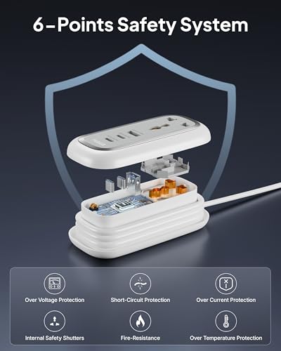 Image of FEDUS 67W GaN Travel Power Adapter Strip Compact Extension Board with USB Ports 4ft Long Retractable Cable Cord, 2 Type C, 1 USB Ports, 2 International Power Sockets, 2500W for Laptop, Home Appliances