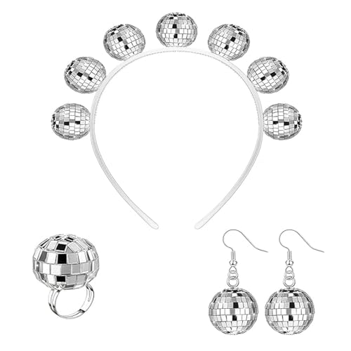 Discokugel Kostüm Damen Set 3-tlg 80er Jahre Outfit Damen Accessoires mit Discokugel Ohrringe Haarreif & Ring Glitzer Disco Outfit für Fasching Karneval Mottoparty Silber Retro Schmuck Zubehör
