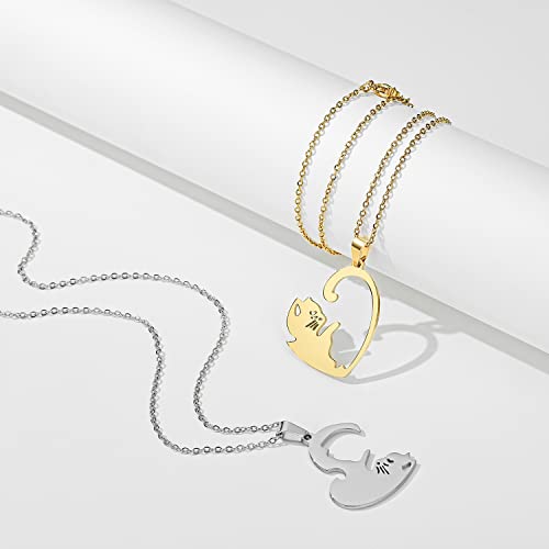 Plikin 2pcs Cat Matching Necklace Pendant Girl Stainless Steel Heart Cat Friendship Necklace BFF3