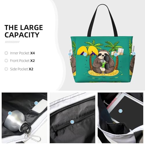 Beach Bag for Women, Waterproof Sandproof Beach Pool Travel Duffel Bags with 7 Pockets, Large Capacity Shoulder Tote Bag for Gym Travel Vacation Essential, Sloths Drinking Palm Trees3