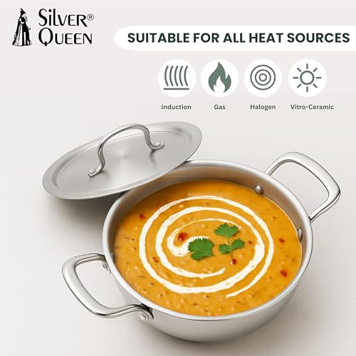 Image of Silver Queen Triply Stainless Steel Kadhai 16 cm (0.82 L) | Premium Triply Kadai for Cooking | Durable Stainless Steel Cookware | Induction & Gas Stove Compatible