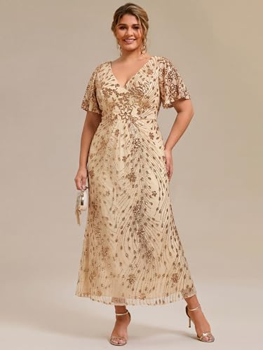Image of Ever-Pretty Plus Women's Sequin V Neck Plus Size Prom Dress Mermaid Formal Cocktail Evening Dresses for Curvy Women