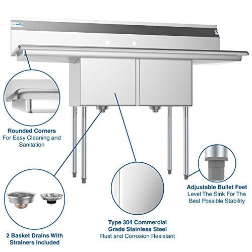 Koolmore 2 Compartment Stainless Steel Nsf Commercial Kitchen Prep & Utility Sink With 2 Drainboards - Bowl Size 15" X 15" X 12", Silver,Sb151512-15B3 #TOP3