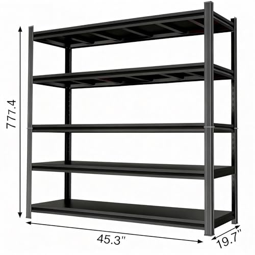 Image of Garage Shelving Unit, Heavy Duty Metal Adjustable Storage, Steel Shelves, Industrial Shelves for Heavy Tools and Equipment, Ideal for Garage, Basement, Black (5-Tier, 77.4 inch H x 47.2 inch W x 18 inch D)