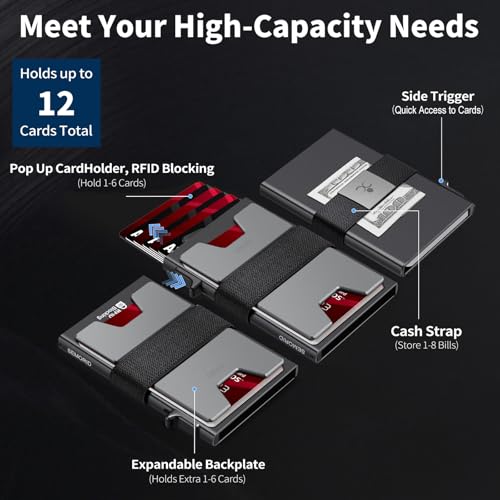 Image of SEMORID Slim Aluminum Card Holder Wallet for Men, Durable Expandable Backplate, RFID Blocking Minimalist Metal Pop Up Wallet, Holds 12+ Cards Plus Cash
