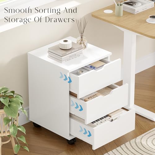 Image of Farini 3-Drawer Under Desk Wooden File Storage Cabinet with Lockable Caster for Home Office,White,Fully Assembly