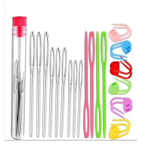 OPIGJUFD Kits de Ganchillo Kit de costura y tejido 26 piezas con agujas hilo romas ojo grande, tejer plástico marcadores punto bloqueo crochet para Proyectos de Manualidades