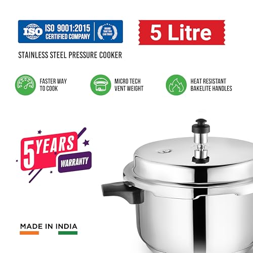 Image of 5 Litres Pressure Cooker | Outer Lid | Stainless Steel | Induction & Gas Stove Compatible | ISI Certified | 5 Years Manufacturer's Warranty