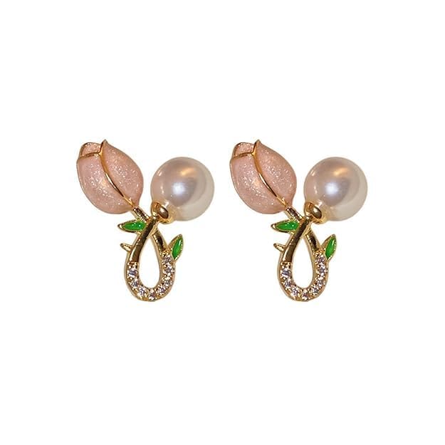 Image of GOLDMOON Elegant Tulip Pearl Stud Earrings for Women & Girls | Minimalist Flower Design | Alloy Fashion Jewellery | Lightweight Daily Wear | Gift for Party, Office & Casual Wear