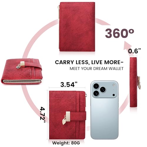 Image of Pomelo Best Wallet Women Bifold Leather Wallets for Women Credit Card Holder with ID Window Zipper Coin Pocket Suede Red