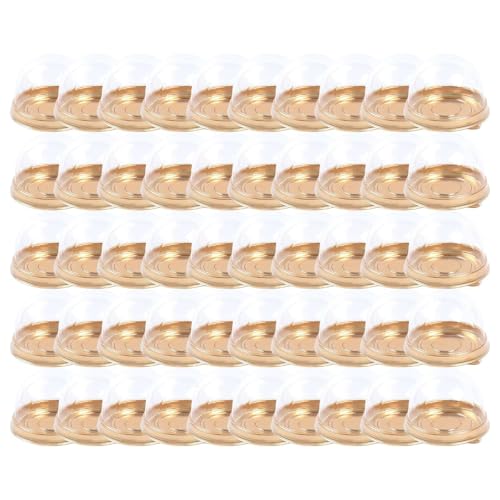 50 Pack Mini Bundt Cake Containers Set, 2 Inch Clear Plastic Thickening Small Cupcake Boxes with Dome Lids, Gold Individual Cake Box for Chocolate Covered Cookies, Mooncake, Strawberry and Muffins