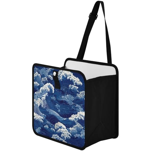 Image of Car Trash Can Organizer Bin with Adjustable Strap for Back Front Seat Console Waterproof Leakproof Collapsible Portable 8.66 Inch Blue Ocean Waves