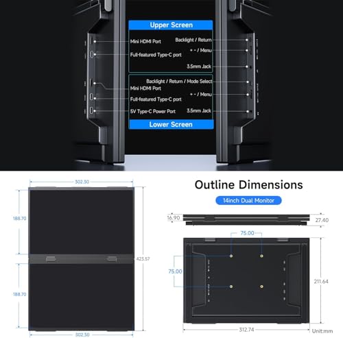 Image of 14inch Dual-Screen Portable Monitor Supports Windows /MacOS, Dual-1080p High Definition Foldable Screen, 100% SRGB, 178 Wide Viewing Angle, Built-in Gravity Sensor, Hi-Fi Speaker