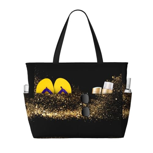 Grand sac de plage pour femme à bandoulière grand format cabas noir doré