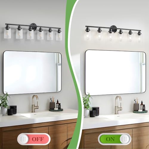 Image of 6-Light E26 Black Bathroom Vanity Lights, Modern Bathroom Light Fixtures with Clear Glass Shade, Wall Lamps for Mirror Hallway Kitchen Cabinet Living Room Sconces Lights