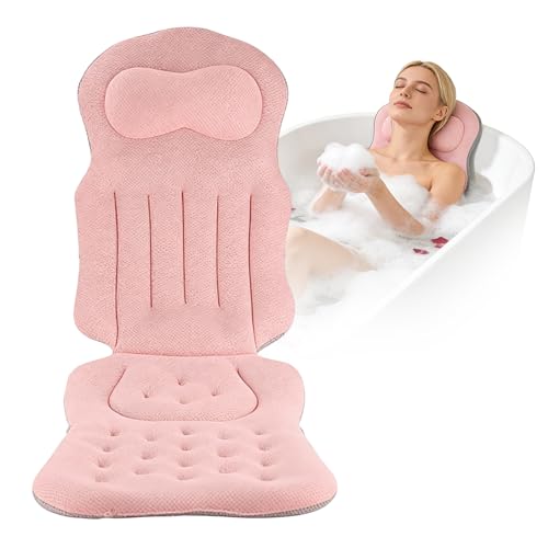 ALKNOT -Ganzkörper Badewannenkissen für die Badewanne Verdicktes Badewannenmatte mit Kopfstütze unterstützt Nacken Rücken und Beine Badewannenkissen Mit SaugnäPfen und Hängehaken (Rosa)