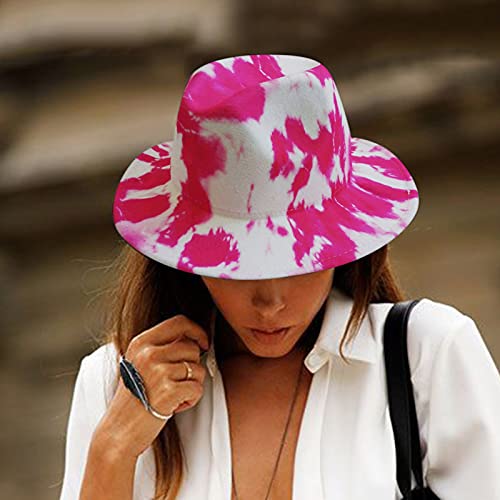 Unisex Tie-Dye Fashion Designer Wide Flat Brim Fedora Hats Bowler Hats Panama Hat Gentleman Breathable Lightweight Outdoor Travel Low Profile Hot Pink One Size #TOP3