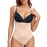 Joyshaper Body Shaper Damen Miederbody Stark Formend Bauch Weg Shapewear Cross-Mesh-Design Fajas Figurformender Offene Büste Thong Bodysuit Beige S