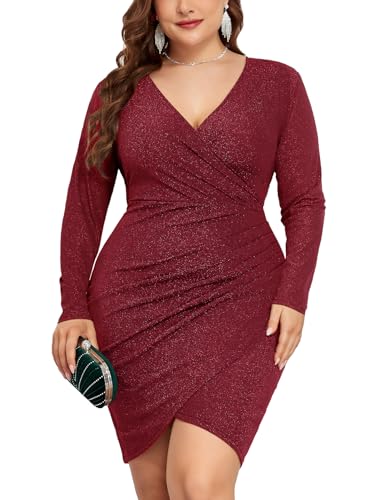 Image of ZOMVA Plus Size 0X-4X Sparkly Glitter Ruched Bodycon Mini Dress Sparkle Sequin Wrap Ruffle Sleeve Dress Cocktail Party Formal