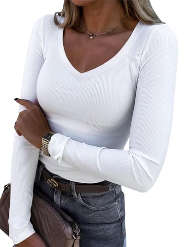 Roselux Womens Long Sleeve V Neck Ribbed Knit Fitted Casual Tops Tee Slim Basic Shirt