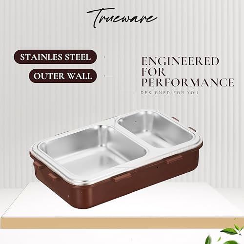 Image of Trueware Crest Lunch Box 2 Compartment Leak-Proof BPA Free Stainless Steel, Lunch Box for Kids, Lunch Box for School & Office with a Spoon, 580 ML (LBK-Crest-Brown BAZ)