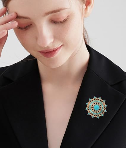 Image of Baroque Turquoise Bead Brooch Pin for Women Men Gold Tone Fashion Blue Birthstone Geometric Filigree Brooches Lapel Pins Dainty Dress Accessories Birthday Anniversary Jewelry Gift