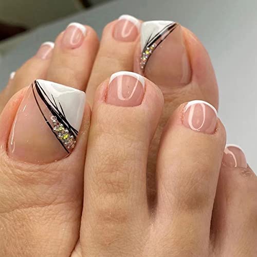 Press on Toenails False Toe Nails Glossy Short Square Fake Toenails Black Line Rhinestones Exquisite Designs Coffin Artificial Toe Nails for Women Stick on Nails With Glue on Static Toe Nails 24Pcs