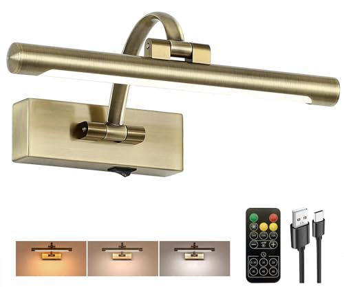Tassuowell Wireless Picture Lights for Wall 12 Inch Battery Operated Picture Light 3CCT Dimmable Lights for Pictures on Wall with Timer and Remote for Display Photo Frame (Antique Bronze 12inch)