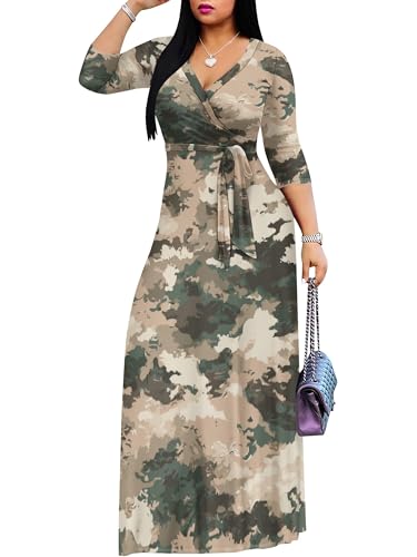 Image of Plus Size Dresses for Women Print Maxi Dresses 3 /4 Sleeve with Belt