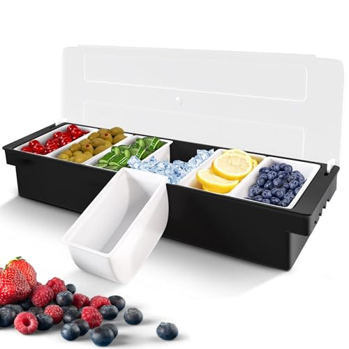 YARRD Bandeja de servir enfriada por hielo, color negro, contenedor de plástico para servir en casa, restaurante, enfriador de guarnición fría con tapa para frutas, verduras, barra de ensalada,