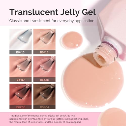 Image of MelodySusie Jelly Gel Nail Polish Set,6 Transparent Colors,Milky or Jelly Texture,Sheer Earth Tones Colors Soak Off UV LED Light Cure or Salon Manicure and Nail Art DIY at Home