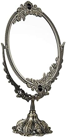 Feyarl Metal Vintage Makeup Mirror Tabletop Oval Cosmtic Mirror Double Sided Swivel Mirror with Embossed Frame Stand Base Decorative Elegent Retro Mirror for Dresser Counter Display Birthday Gift