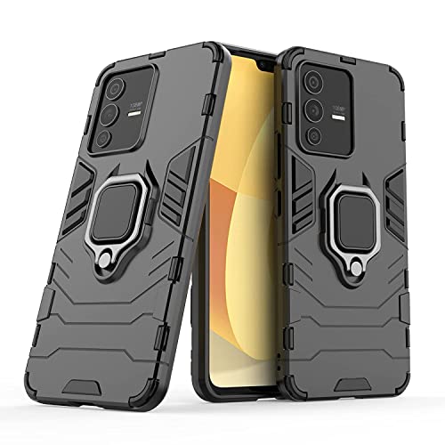 Image of WOW IMAGINE Shock Proof Back Case Mobile Cover for Vivo V23 Pro | Back Cover Case (Tough Armor | Hybrid PC + TPU | Ring Holder & in-Built Kickstand | Black)