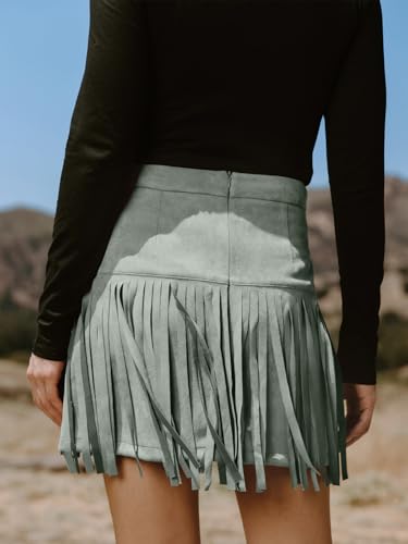 CUPSHE Women Fringe Skirts Western Cowgirl Terra Cotta High Waist Mini Skirt Suede Tassel Short Counrty Concert3