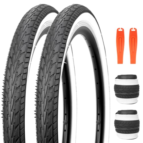 WEEROCK 26 x 1.75 Inch Bike Tires Two Pack Bicycle White Wall Side Tires Folding Bead Replace Tires Compatible with 26 Inch Tricycles City Bike Lady Bicycle Cruiser Bikes