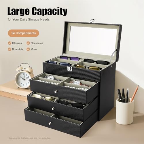 Boîte à lunettes carbone noir avec tiroirs de rangement et coffret verre