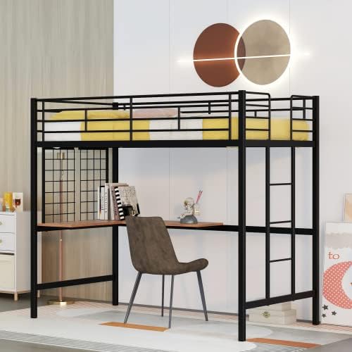 Harper & Bright Designs Twin Size Metal Loft Bed Frame, Loft Bed with L-Shape Desk and Metal Grid, Space Saving Loft Bed with Desk Underneath for Kids,Teens,Black
