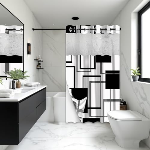 Yieldeer Black and White Geometric Hookless Shower Curtain 71"x74" by Yieldeer - Used condition - Image 3