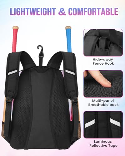 Image of MATEIN Softball Bag, Lightweight Baseball Backpack with Shoe Compartment, Baseball Bag with Fence Hook for TBall Bat & Equipment, Softball Gifts Catchers Backpack for Women Fit Catcher's Mitt, Helmet