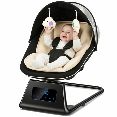 Pamo Babe Portable Baby Swing - Electric Baby Rocker with Cry Detection 5 Swing Speeds Bluetooth & Remote Control Adjustable Backrest Indoor & Outdoor Swing Chair for Newborn Babies - Black