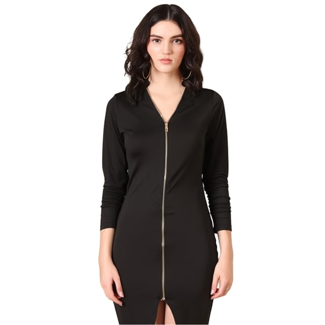bedazzle Full Zip Bodycon Dress for Women | Black Long Sleeve V-Neck Mini/Midi Dress | Stretchy Fitted Sheath Dress | Flattering Zipper Front-picture-10