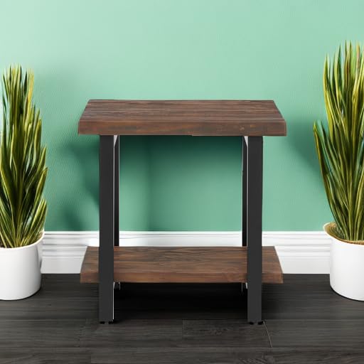 Image of Alaterre Furniture Pomona Solid Wood 2-Tier End Table, Rustic Brown, 27 inch | Side Table or Nightstand with Storage Shelf and Metal Legs, Industrial Farmhouse Chair Side Table for Living Room or Bedroom